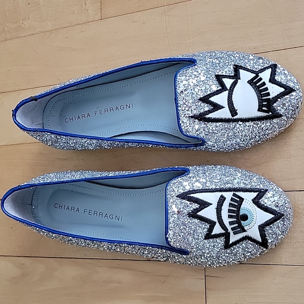 Chiara Ferragni Silver Glitter Flirting Eye Eyelash Flat Loafers - 36